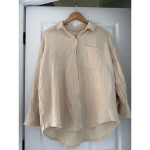 Aerie Neutral Gauze Long Sleeve Collared Oversized Shirt Cleangirl Minimalist